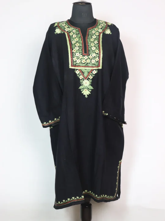Black Nazima Kashmiri Cashmilon Wool Pheran Aari Kadhai