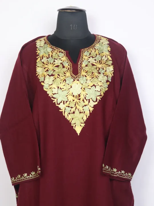 Marjaan Maroon Kashmiri Cashmilon Wool Pheran For Women With Aari Work - Image 2