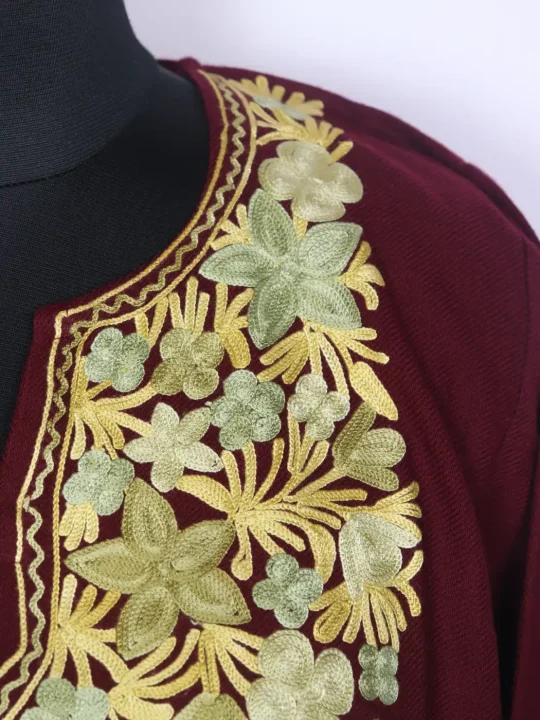 Marjaan Maroon Kashmiri Cashmilon Wool Pheran For Women With Aari Work - Image 3