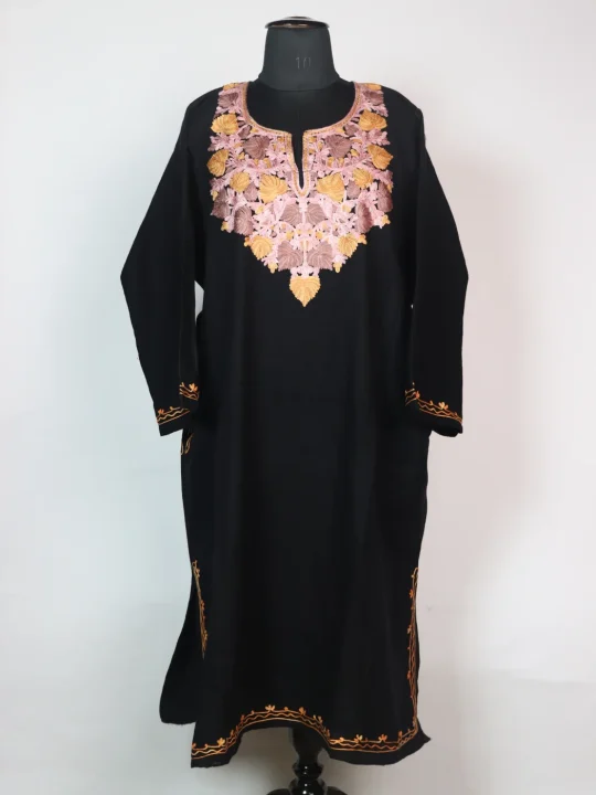 Black Kashmiri Pheran In Cashmilion Wool With Aari Kadhai
