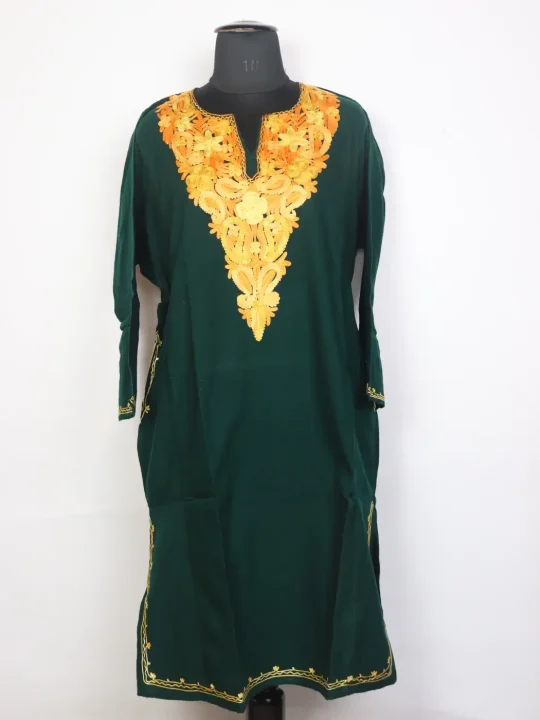 Gulbadan Green Kashmiri Cashmilon Wool Pheran For Women With Aari Embroidery