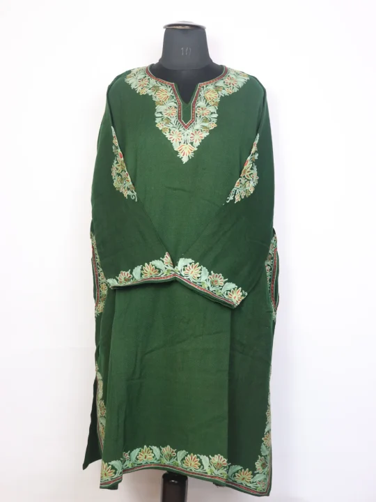 Safoora Green Kashmiri Cashmilon Wool Women Aari Embroidery Pheran