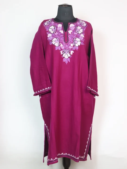 Magenta Kashmiri Cashmilon Wool Aari Embroidered Pheran Sumaira
