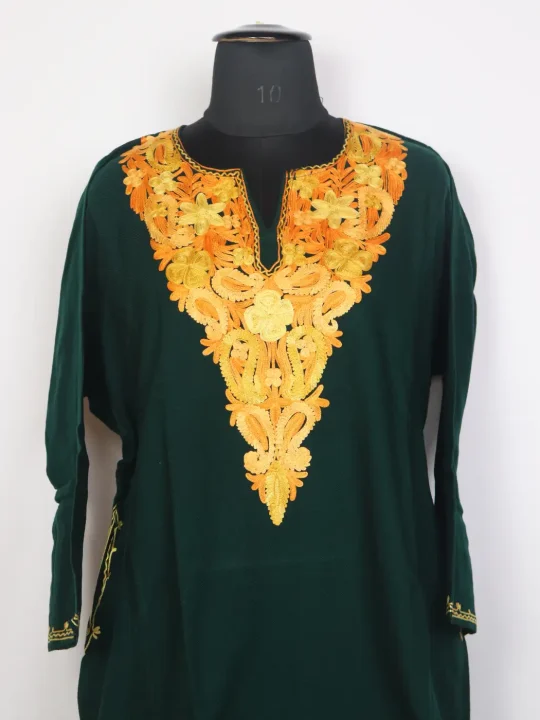 Gulbadan Green Kashmiri Cashmilon Wool Pheran For Women With Aari Embroidery - Image 2