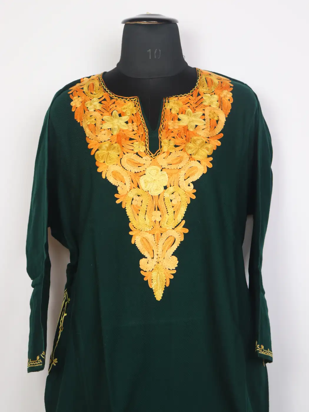 Gulbadan Green Kashmiri Cashmilon Wool Pheran For Women With Aari Embroidery - Image 2