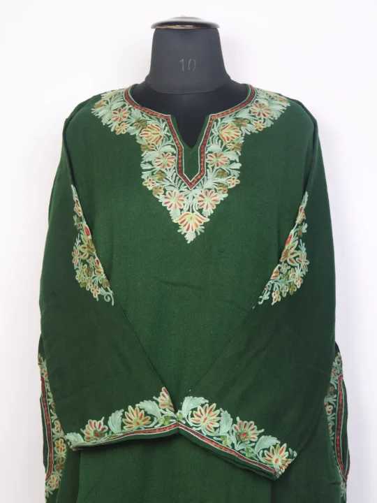 Safoora Green Kashmiri Cashmilon Wool Women Aari Embroidery Pheran - Image 3