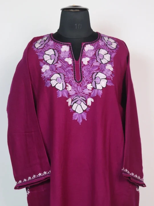 Magenta Kashmiri Cashmilon Wool Aari Embroidered Pheran Sumaira - Image 3