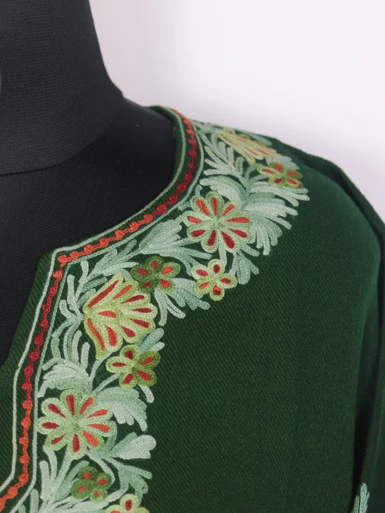 Safoora Green Kashmiri Cashmilon Wool Women Aari Embroidery Pheran - Image 2