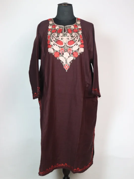 Wine Kashmiri Pheran In Cashmilion Wool With Aari Embroidery