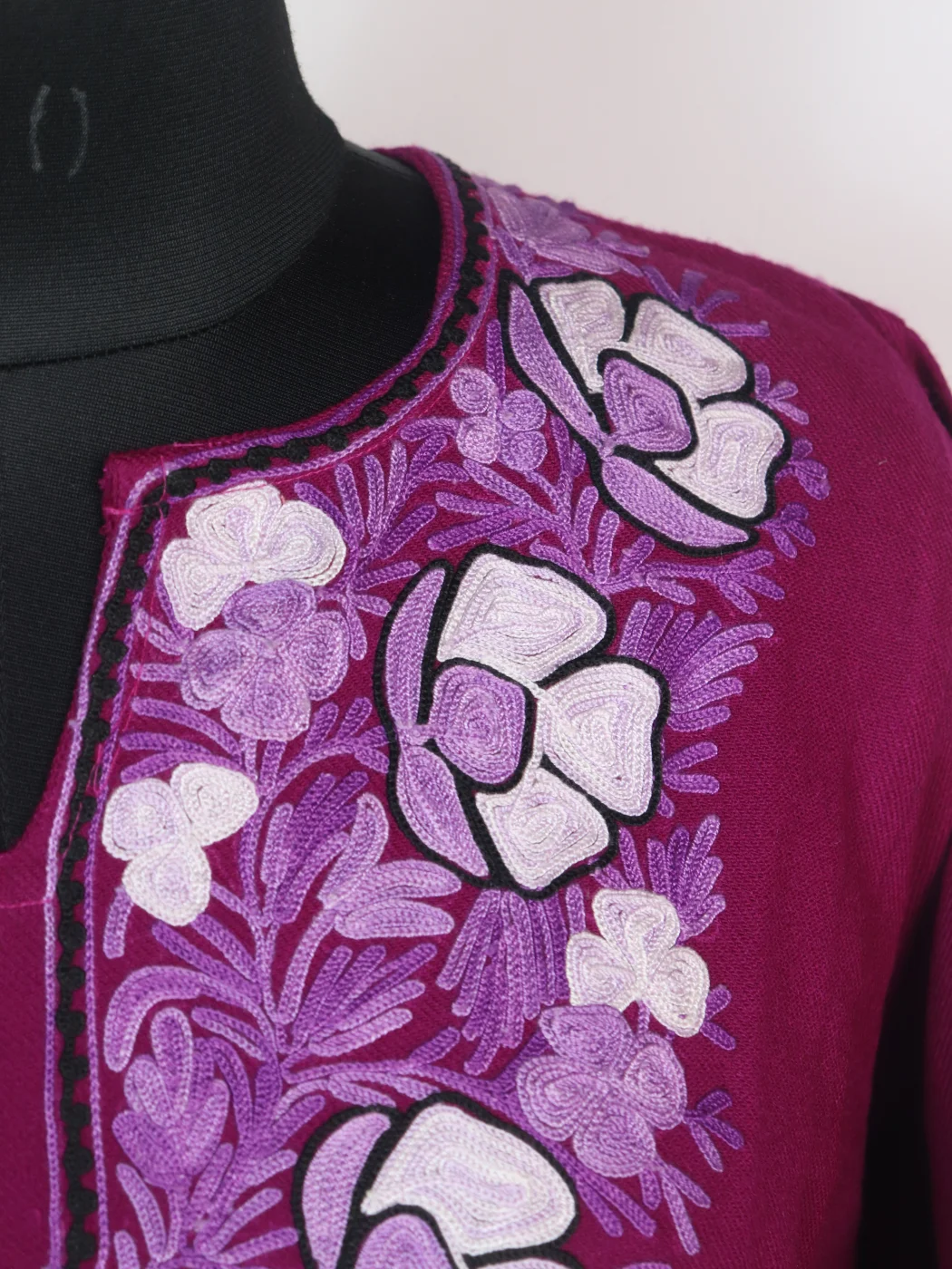 Magenta Kashmiri Cashmilon Wool Aari Embroidered Pheran Sumaira - Image 2