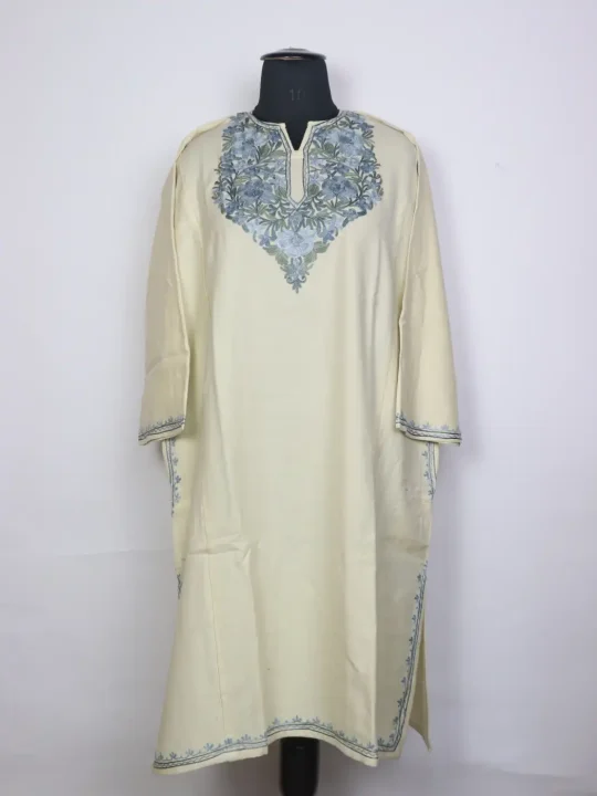 Chashma Shahi Cream Kashmiri Cashmilon Wool Pheran For Women With Aari Work