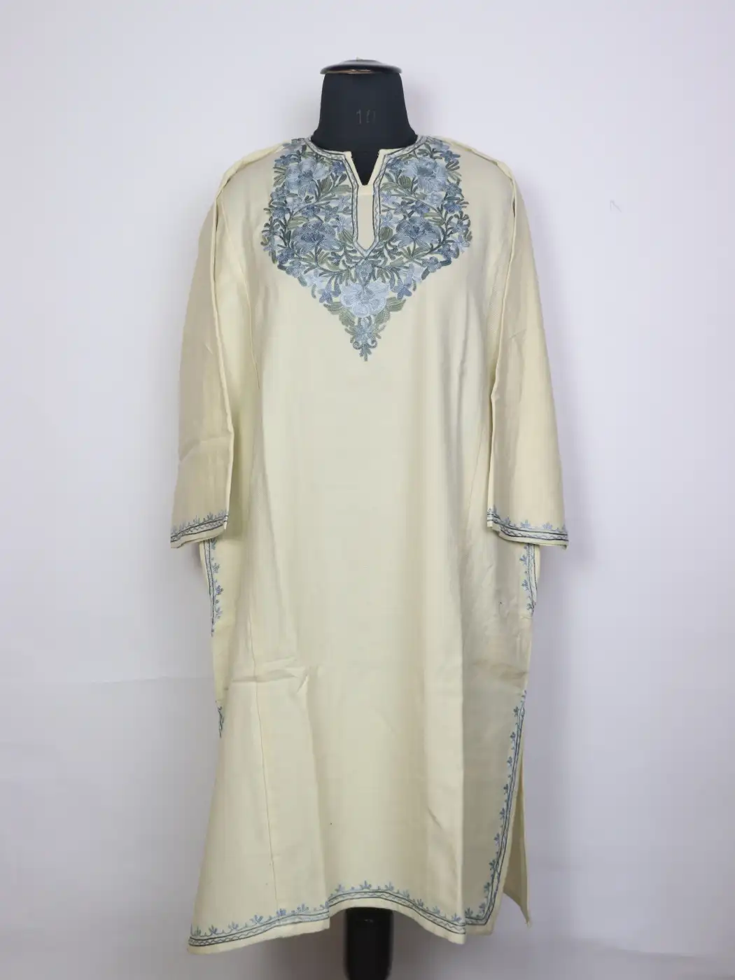 Chashma Shahi Cream Kashmiri Cashmilon Wool Pheran For Women With Aari Work