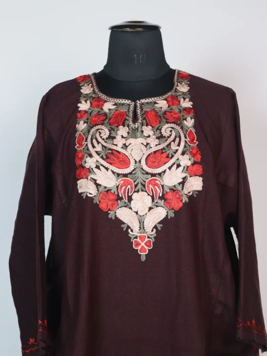 Wine Kashmiri Pheran In Cashmilion Wool With Aari Embroidery - Image 2