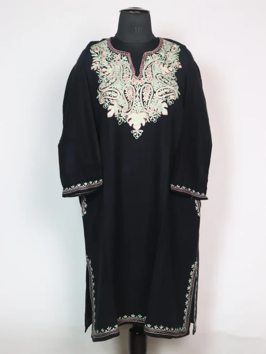 Black Fiza Kashmiri Cashmilon Wool Pheran Aari Embroidery