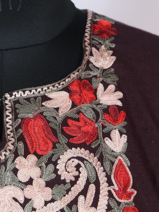 Wine Kashmiri Pheran In Cashmilion Wool With Aari Embroidery - Image 3