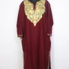 Gulbahar Maroon Kashmiri Cashmilon Wool Pheran For Women With Aari Kadhai