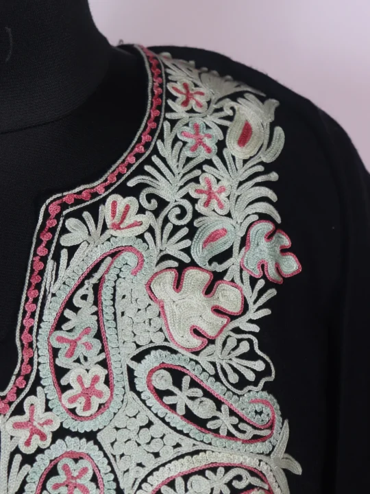 Black Fiza Kashmiri Cashmilon Wool Pheran Aari Embroidery - Image 3