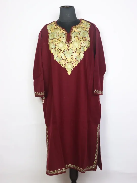 Gulbahar Maroon Kashmiri Cashmilon Wool Pheran For Women With Aari Kadhai