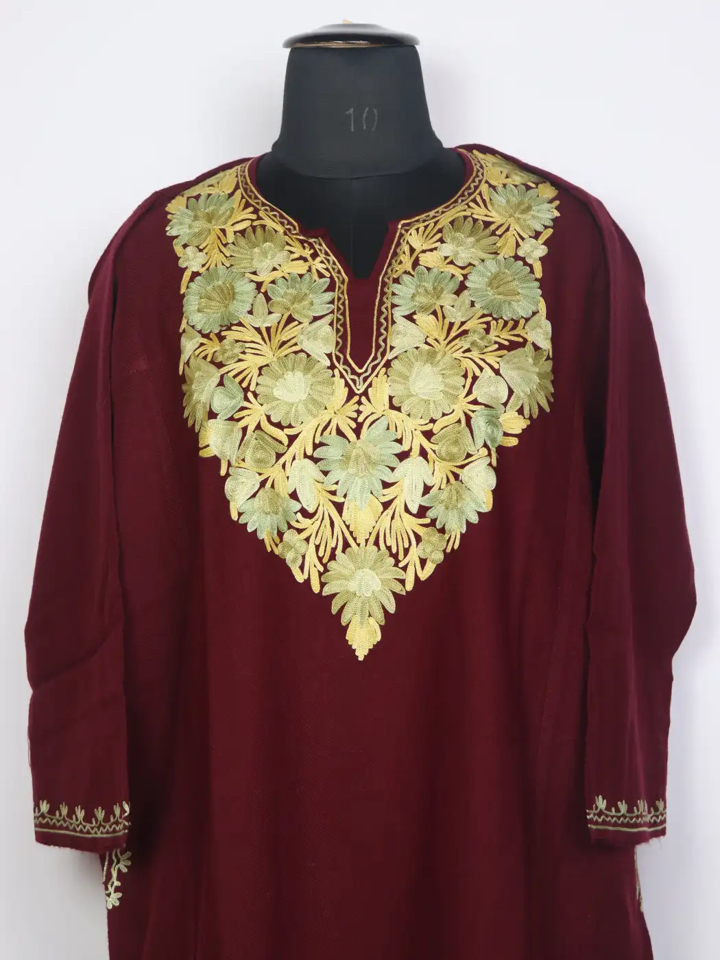 Gulbahar Maroon Kashmiri Cashmilon Wool Pheran For Women With Aari Kadhai - Image 2