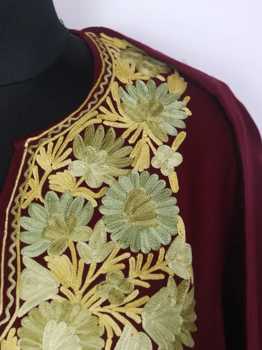 Gulbahar Maroon Kashmiri Cashmilon Wool Pheran For Women With Aari Kadhai - Image 3