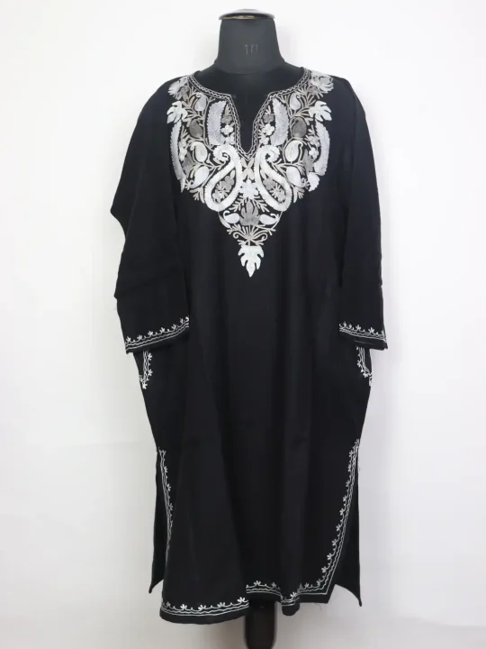 Sabzar Green Kashmiri Cashmilon Wool Pheran For Women With Aari work