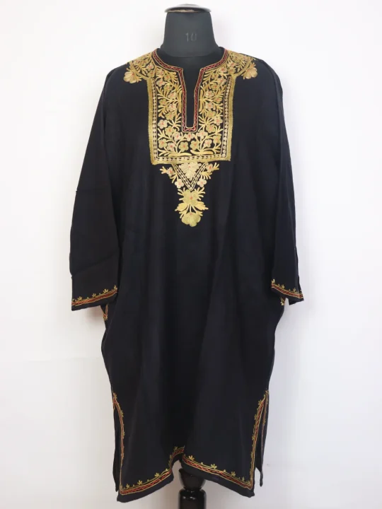 Kowser Black Kashmiri Cashmilon Wool Pheran With Aari Work