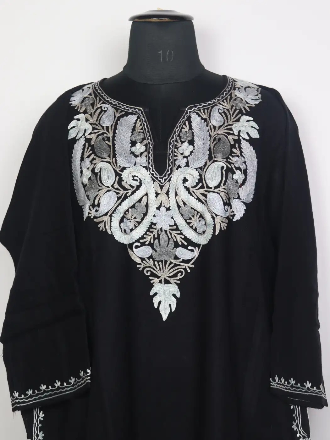 Sabzar Green Kashmiri Cashmilon Wool Pheran For Women With Aari work - Image 2