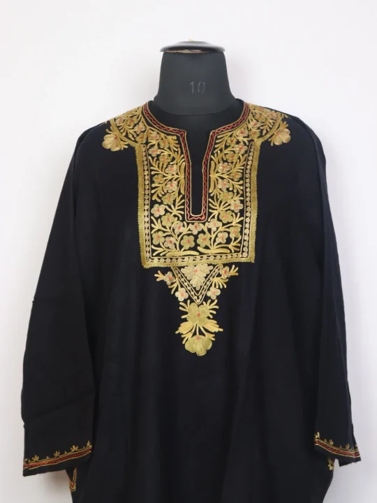 Kowser Black Kashmiri Cashmilon Wool Pheran With Aari Work - Image 2