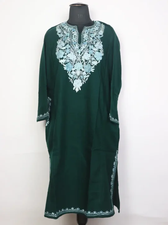 Sabzar Green Kashmiri Cashmilon Wool Pheran For Women With Aari work