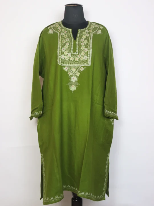 Shafiya Green Kashmiri Cashmilon Wool Pheran Aari Embroidery