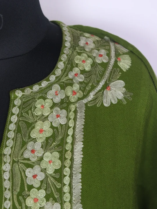 Shafiya Green Kashmiri Cashmilon Wool Pheran Aari Embroidery - Image 3