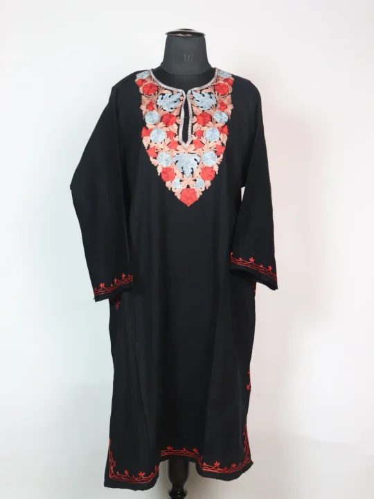 Black Kashmiri Pheran Cashmilion Wool Aari Embroidery Abroo