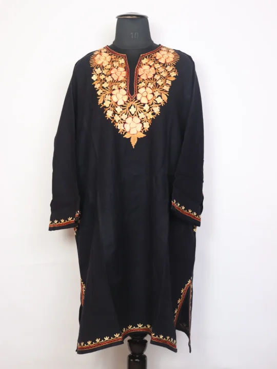 Anwar Black Kashmiri Cashmilon Wool Pheran Aari Kadhai
