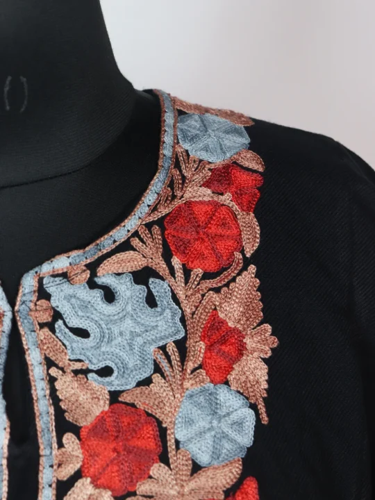Black Kashmiri Pheran Cashmilion Wool Aari Embroidery Abroo - Image 3