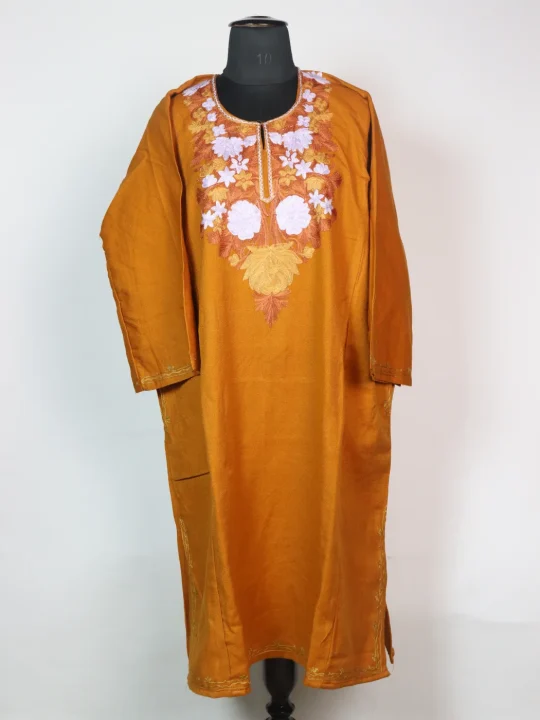 Yellow Kashmiri Pheran Cashmilion Wool Aari Work Farhana