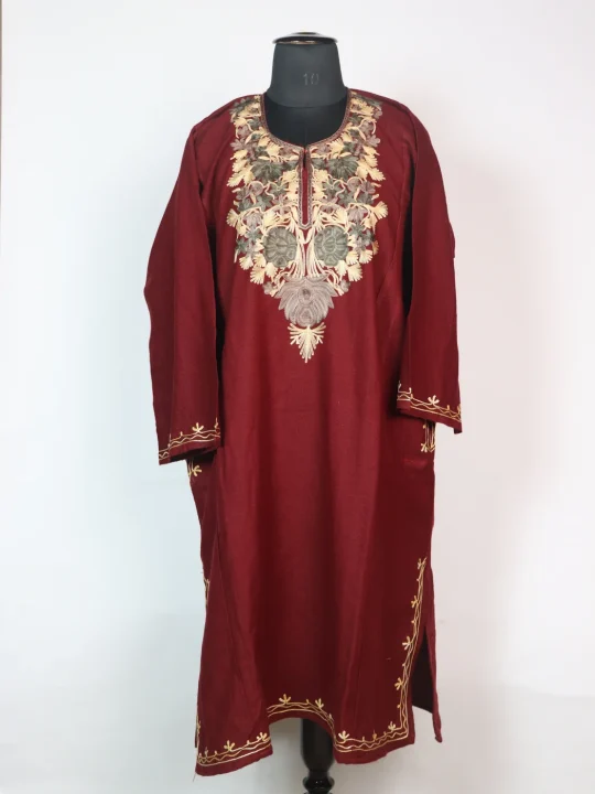 Maroon Kashmiri Pheran Cashmilion Wool Aari Kadhai