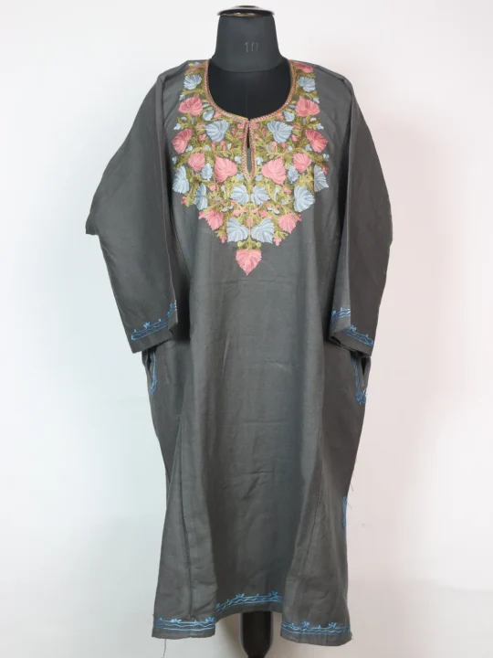 Grey Kashmiri Pheran Cashmilion Wool Aari Embroidery Kulsum