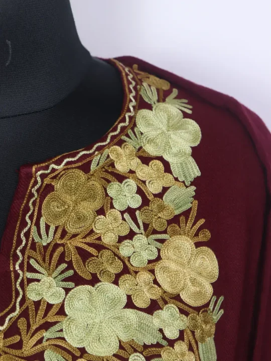 Maroon Kashmiri Pheran In Cashmilon Wool For Women With Aari Embroidery Mehar - Image 2
