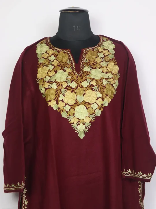 Maroon Kashmiri Pheran In Cashmilon Wool For Women With Aari Embroidery Mehar - Image 3