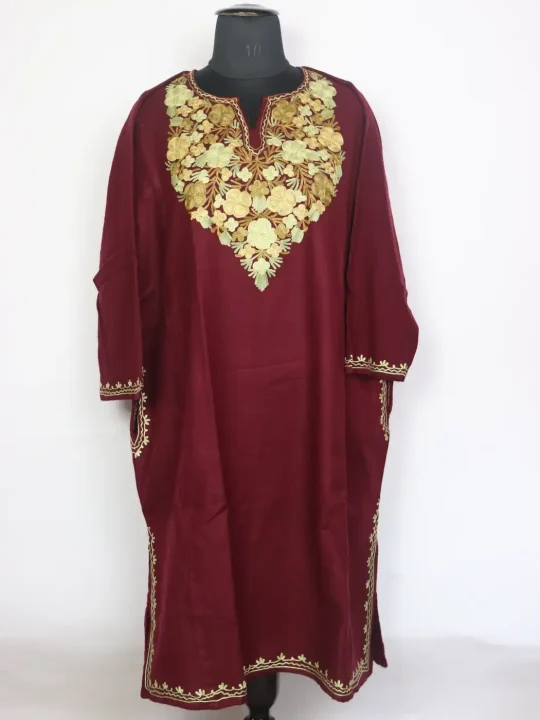 Maroon Kashmiri Pheran In Cashmilon Wool For Women With Aari Embroidery Mehar