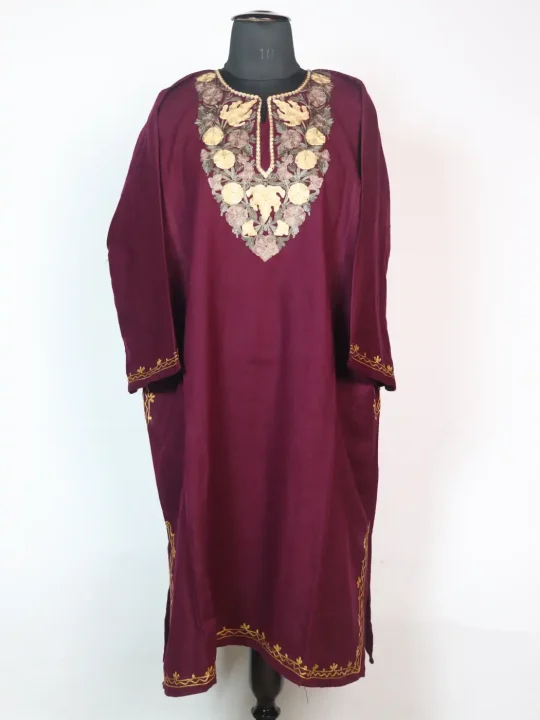 Wine Kashmiri Pheran In Cashmilion Wool With Aari Kadhai Dilbaro
