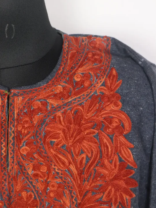 Laila Teal Grey Kashmiri Pheran For Women With Aari Embroidery - Image 3