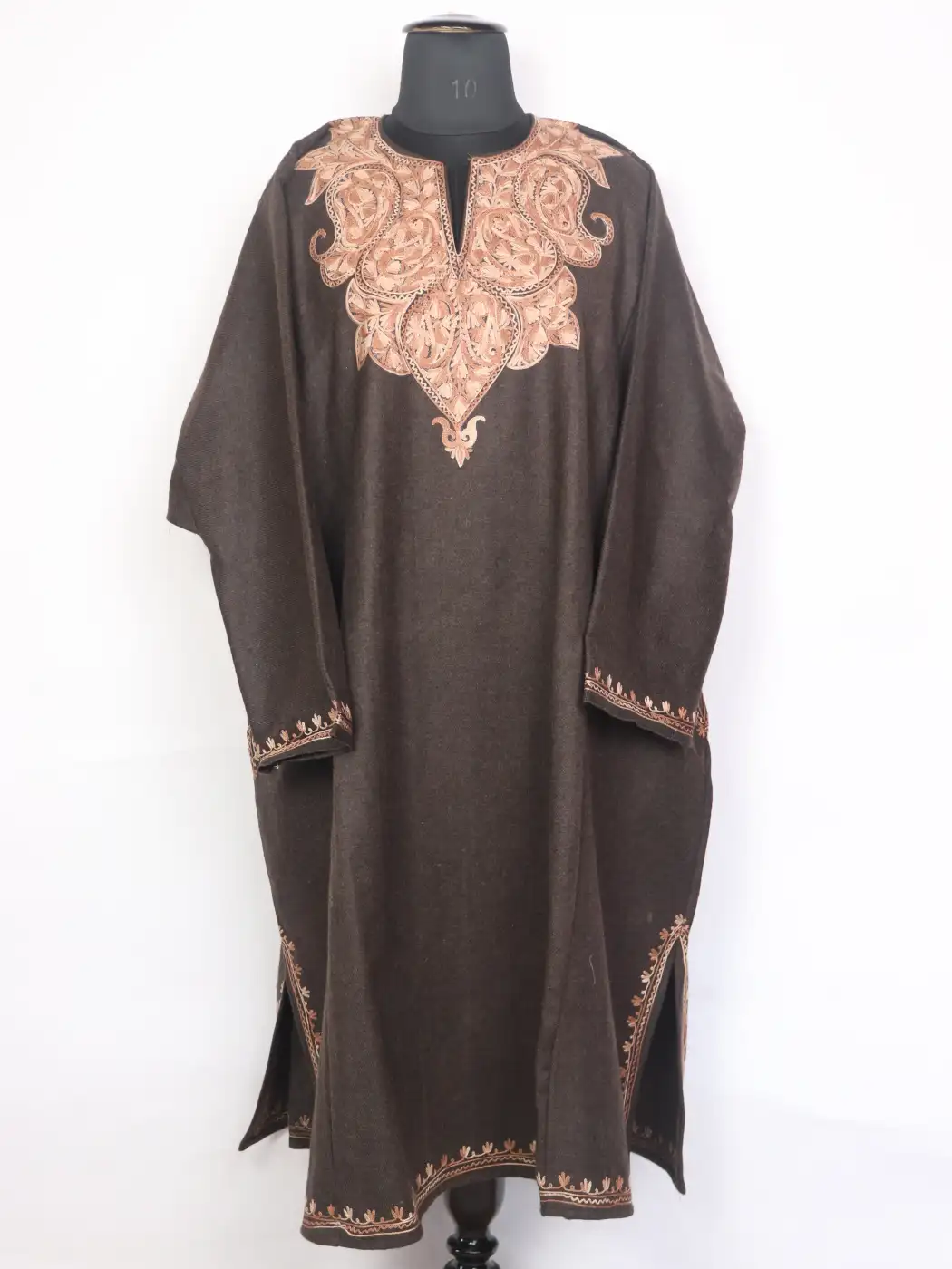 Yemberzal Brown Tweed Kashmiri Pheran With Aari work