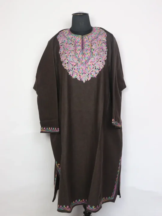 Kongposh Brown Tweed Kashmiri Pheran With Aari work