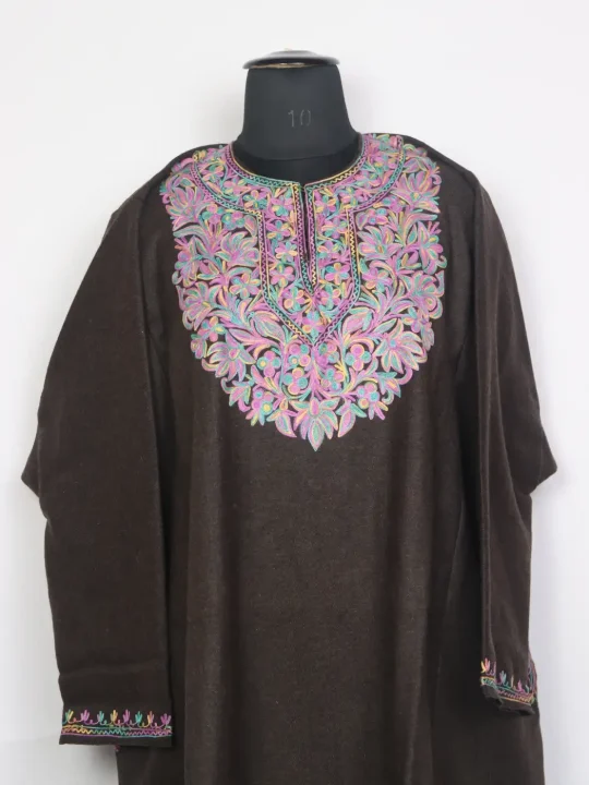 Kongposh Brown Tweed Kashmiri Pheran With Aari work - Image 2