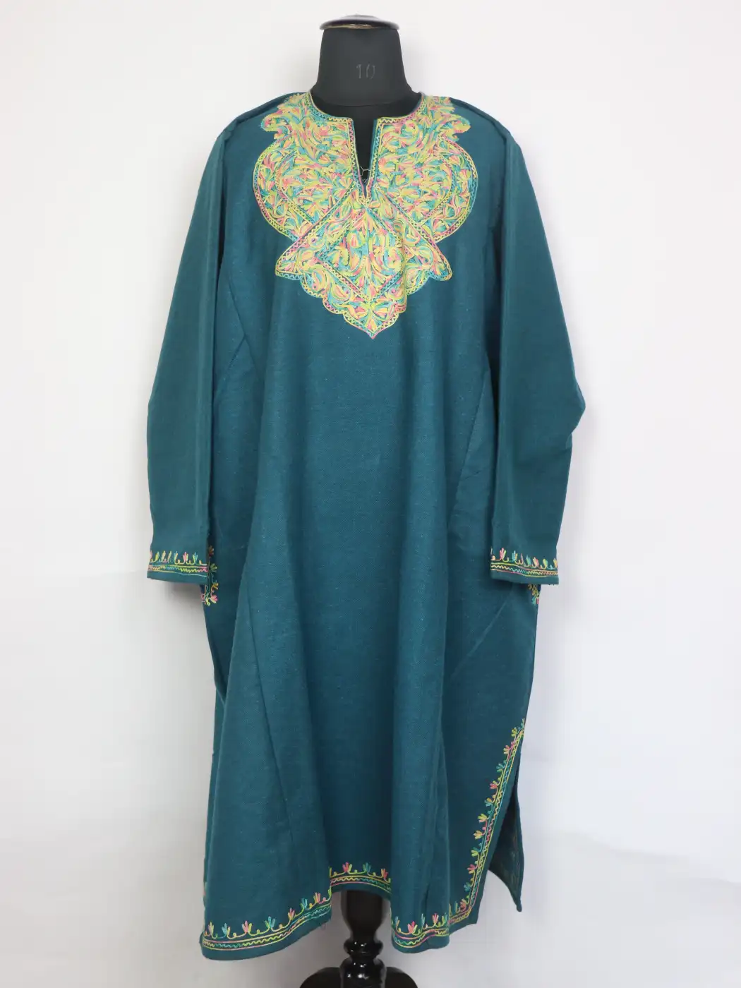 Betaab Bluish Green Tweed Kashmiri Pheran For Women With Aari Embroidery