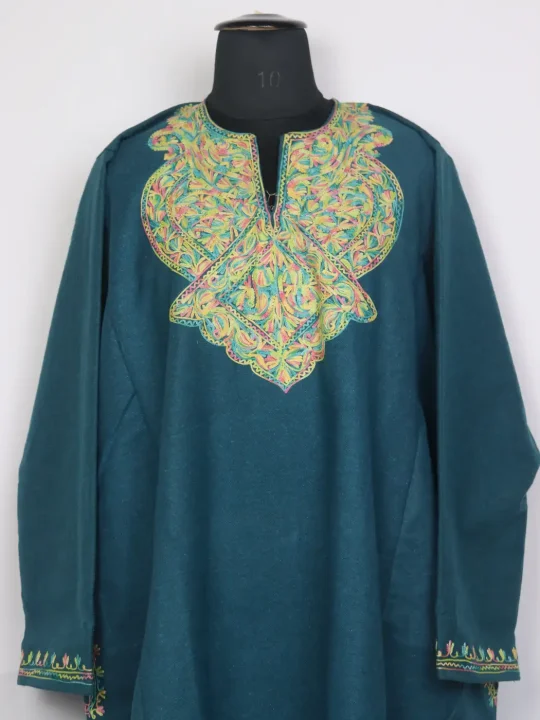 Betaab Bluish Green Tweed Kashmiri Pheran For Women With Aari Embroidery - Image 2