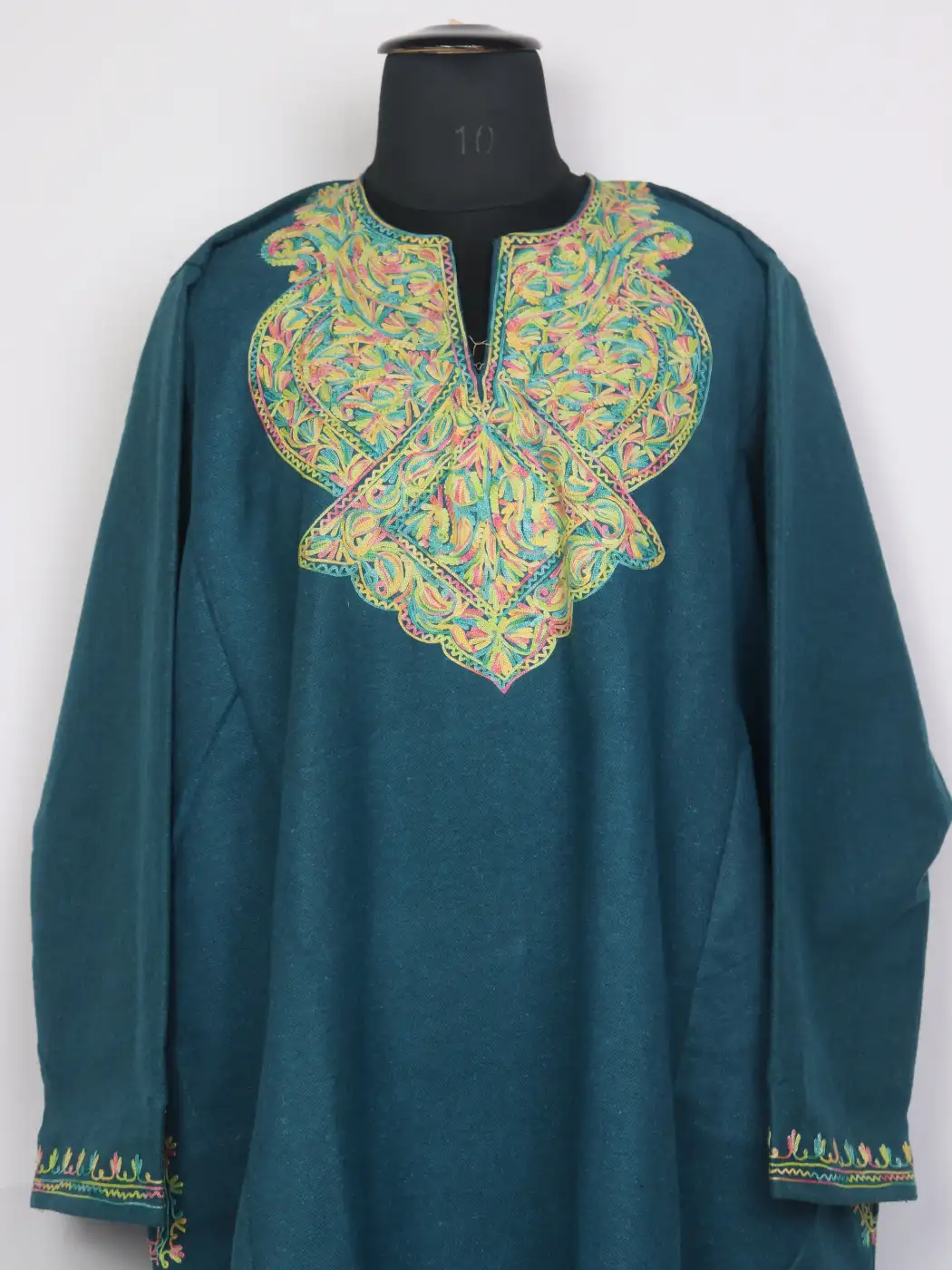 Betaab Bluish Green Tweed Kashmiri Pheran For Women With Aari Embroidery - Image 2