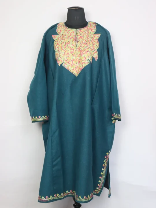 Serat Teal Blue Tweed Kashmiri Pheran For Women With Aari Work
