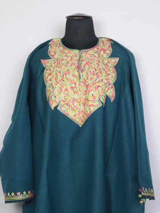 Serat Teal Blue Tweed Kashmiri Pheran For Women With Aari Work - Image 2